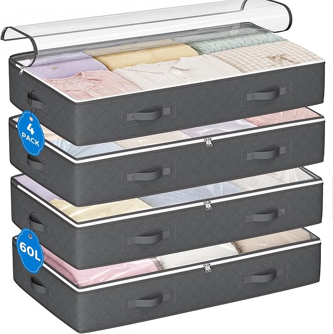 Under Bed Storage Containers, Storage Bins with Clear Lids | Underbed Storage Bags for Blankets, Towels, Comforter, Sweaters, Linen Sheets, Wrapping Paper