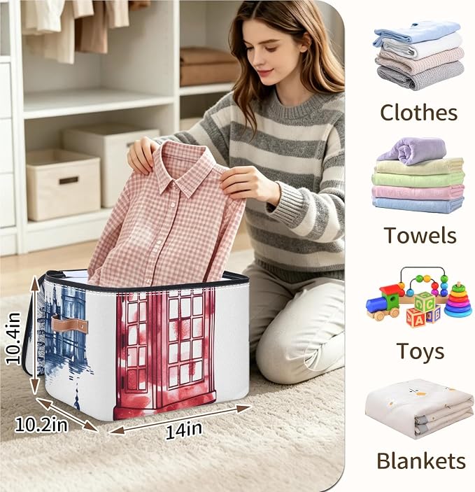 UK London Foldable Storage Bin with Lid Zipper | Closet Shelf Organizer, Boxes, Basket Containers for Home, Lidded Storage Cube for Bedroom, Waterproof, with Handles