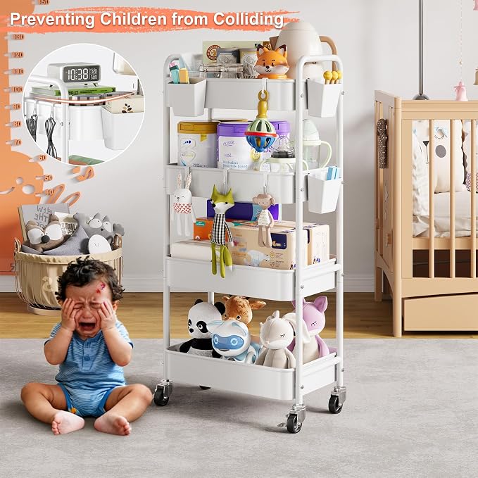 Heavy Duty 4 Tier Rolling Storage Cart Metal with Wheels, White Four Tiered Utility Roller Carts Organizer on Wheels for Art, Craft, Baby Diaper Caddy, Snack, Book, Large-Capacity Shelving Units, 37in