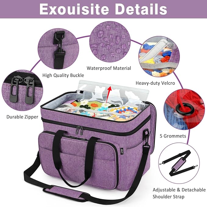 Crochet Organizer Bag with Yarn Holder, Large Yarn Storage for Accessories | 3PCS Crochet Knitting Bag with Accessory Pouch for Hooks, Needles, Travel Tote, Crochet Lovers, Gift for Crafters, No-Tangle
