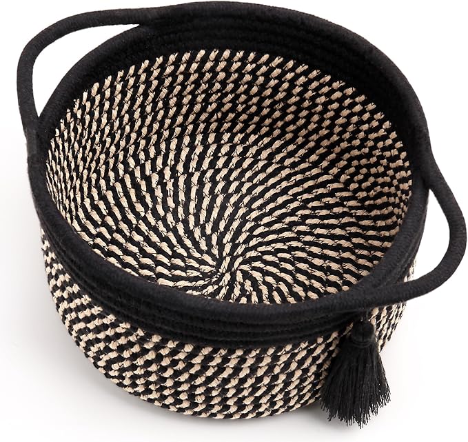 Small Gift Basket Empty to Fill, Gifts Bag & Ribbon, Dark Brown | Cute Decorative Mini Woven Rope Basket with Handles for Gifting; Reusable for Bathroom Counter or Desk Catchall, 8 x 4.7 in