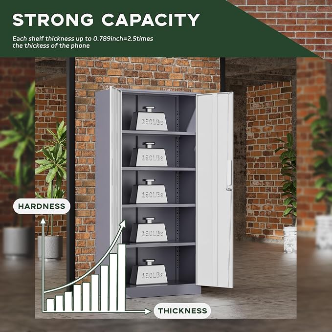 Greenvelly Metal Storage Cabinet, 72" Locking Metal Garage Storage Cabinet with Doors and 4 Adjustable Shelves, Lockable Steel Cabinet for Home Office, Garage, Shop, School (White Grey 32" W x 16" D)