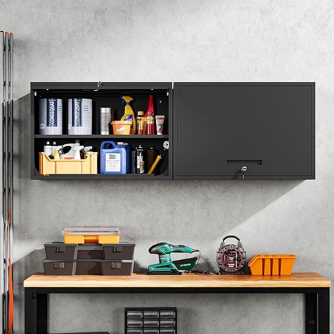 Metal Garage Wall Cabinet with Doors and Shelves, Wall Mounted Metal Storage Cabinet, Floating Garage Tool Cabinet for Garage, Basement, Kitchen, Warehouse (Black, 21.6" H)