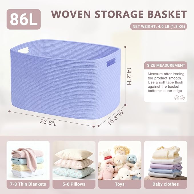 86L Large Woven Laundry Basket Hamper with Handles, Blue Purple | collapsible wicker hamper, storage for dirty clothes, toys, blankets, gifts, living room, bedroom, bathroom, 24"x16"x14"