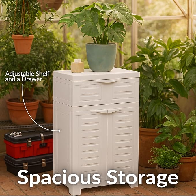 Sunnydaze 34.5" Garage Storage Cabinet with Adjusting Shelf, Speckled White | Heavy Duty Resin Storage Cabinet Resists Rust & Peeling, Utility Cabinet with Drawer & Anti-Tip Kit for Laundry, Office