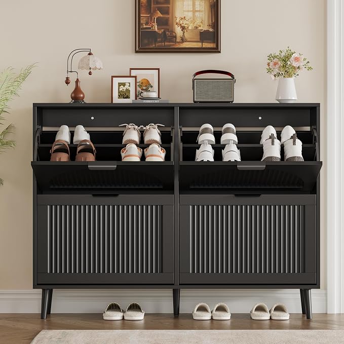 BORNOON Shoe Cabinet for Entryway with 4 Flip Drawers, Slim Wooden Shoe Storage Organizer with Modern Fluted Pannel，Freestanding Narrow Hidden Shoe Rack for Hallway, Foyer, Living Room