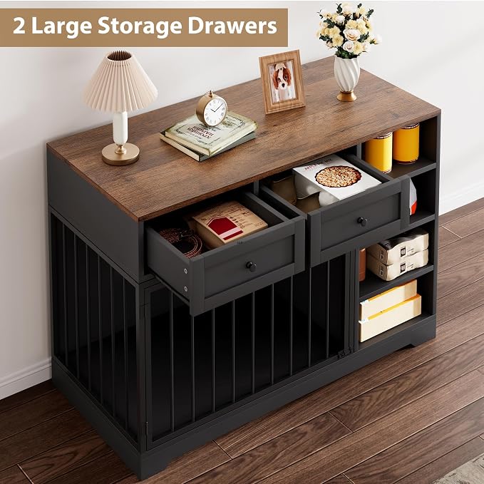 Wooden Dog Crate Furniture, Indoor Dog Kennel TV Stand with Storage, Black | 2 Drawers and 4 Open Shelves, Multi-Functional Dog Kennel for Small, Medium and Large Dogs