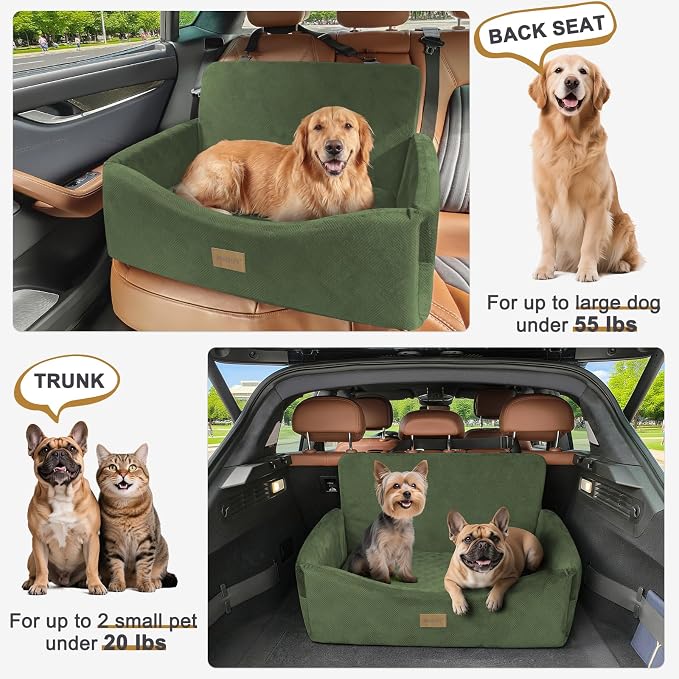 JOEJOY Dog Car Seat for Large Medium Sized Dogs Under 55 lbs, Dog Booster Seat for 2 Small Dogs with Detachable Washable Cover, Memory Foam Pet Car Seat with 2 Safety Belts and Storage Pockets