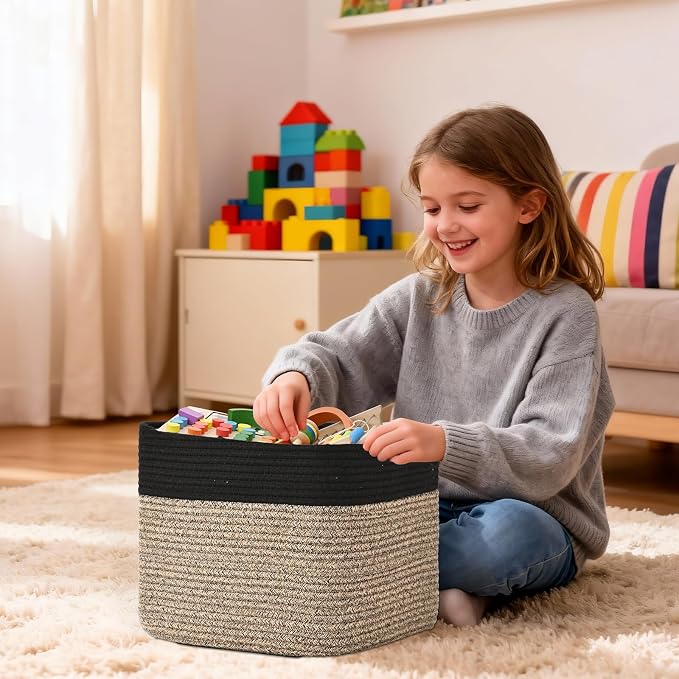 3 Pack Cube Storage Bin, 12”x12”x10” Cotton Rope Woven Baskets for Organizing Toys Clothes Towels, Square Gift Storage Baskets for Shelves, Nursery, Closet, Bathroom, Pantry (Black & Brown)