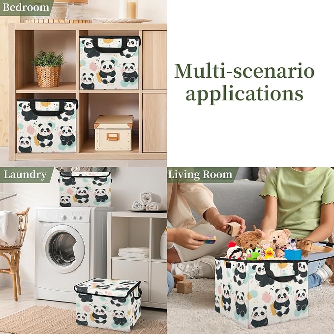 Panda Storage Bins with Lids, Cute Animal Foldable Storage Boxes with Carrying Handle Organizer Containers Baskets Cube for Home Bedroom Closet