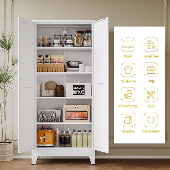 YAUWOH 71''Metal Cabinet with 4 Adjustable Shelves,5-Tier Pantry Storage Cabinet,Kitchen Pantry Cabinet for Living Room,Dining Room, (1PC,White)