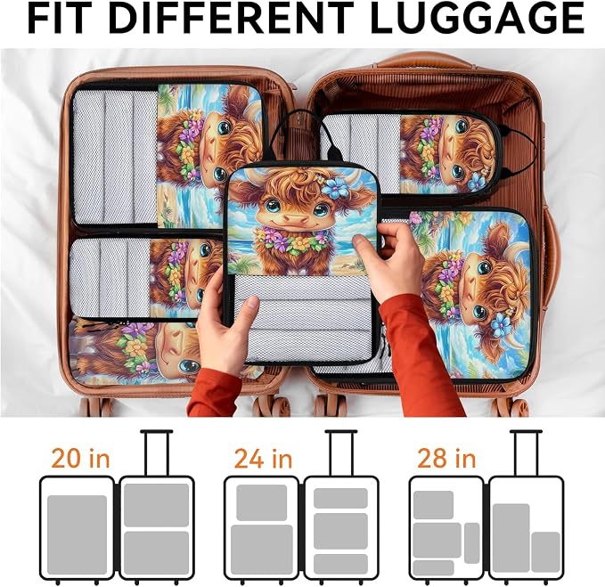 Cute Highland Cow 6 Set Compression Packing Cubes Watercolor Floral Expandable Packing Organizer for Travel Accessories Luggage Suitcase Bag