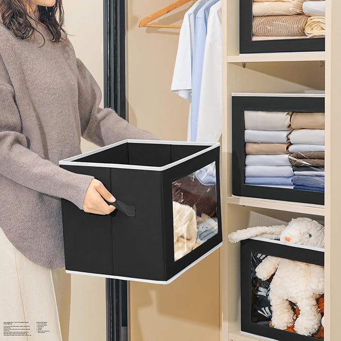 Storage Bins with Lids, 3 Pack Large Storage Cubes with Window, Closet Bins with Lids & Handles, Fabric Box for Organizing Clothes, Towels, Books, Black