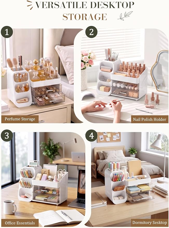 Makeup Organizer for Vanity - Large Skincare Organizers Countertop, Cosmetic Organizer with Brush Holder and 2 Drawer, Makeup Storage for Lipsticks, Nail Polishes, Eyeshadow Palettes, White