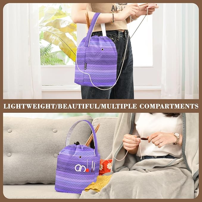 Tatenale Crochet Bag Yarn Bag Knitting Project Bag with Pockets and Handle Portable Yarn Storage Organizer Tangle Free 8.3x11 InchPurple Stripes12