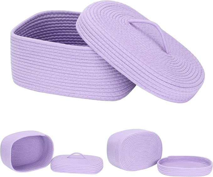 Sea Team Oval Storage Basket, Woven Cotton Rope Basket with Lid, Lavender | Decorative Knitted Storage Bin, Multi-Purpose Lidded Organizer for Closet Shelves, Nursery and Household Storage
