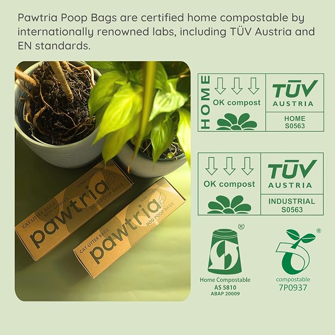 Pawtria Home Compostable XL Poop Bags with Handles, 100 Bags, Mega Roll | Extra Large Leak-Proof Dog Poop Bags with Handles for Cat Litter, Yard Cleanup & Large Dogs