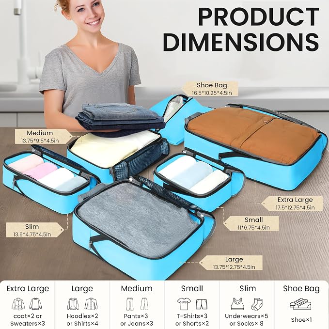 BAGAIL 4 Set/6 Set/8 Set Compression Packing Cubes Travel Accessories Expandable Packing Organizers (Half Mesh, 6-Blue)