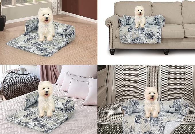 Brilliant Sunshine Blue Toile Dog Sofa Slipcover, Beige Ivory, Medium | Calming Pet Couch Bed with Removable & Washable Cover, Funiture Protector & Bed Mat for Dogs, Pets, Cats, 30"×32"×8"