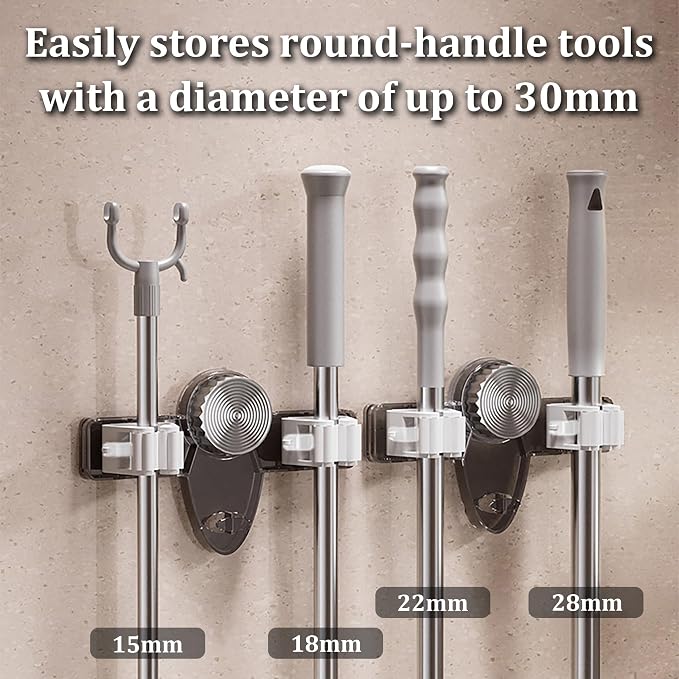 Broom Holder Mop Hanger Wall Mount, No Punching Required Mop and Broom Hanger Organizer, Adjustable Suction Cup Mop Grippers for Kitchen, Bathroom, Garage, Laundry Room (4PCS-G&T)