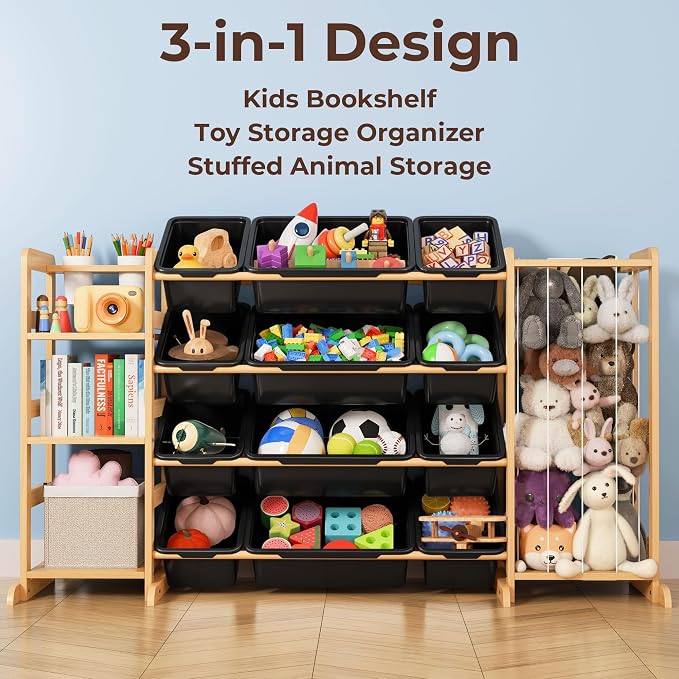 Toy Storage Organizer with Bookshelf and Stuffed Animal Storage - Kids Playroom Organization with Shelves and 12 Toy Bins - Toddler Living Room Toy Box for Lego - Nursery Bedroom Decor Essential