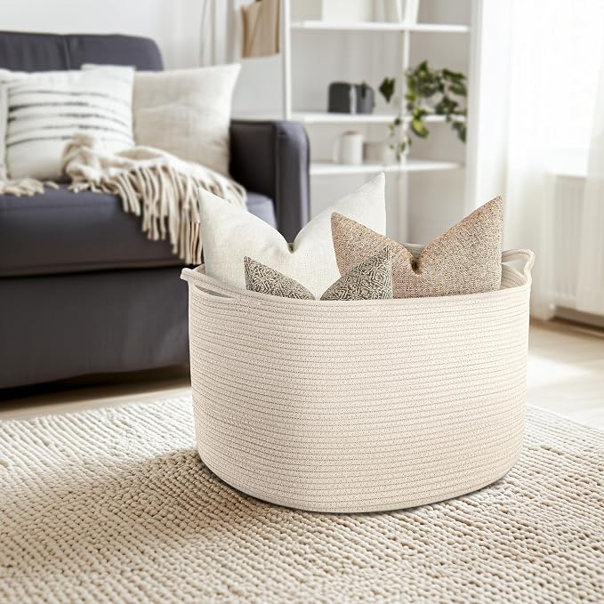 Maliton Woven Rope Blanket Basket Living Room, Storage Basket for Toy, 90L | 22"x14" Cotton Rope Basket. Holds Blankets, Toys & Towels & Laundry. For Bedroom, Nursery, Bath & Playroom. Soft & Durable
