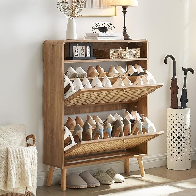 Rattan Shoe Cabinet with 2 Flip Drawers, 16 Pairs Narrow Shoe Storage Cabinet for Entryway Freestanding Hidden Shoe Rack, Modern Slim Wood Shoe Organizer for Hallway, Natural