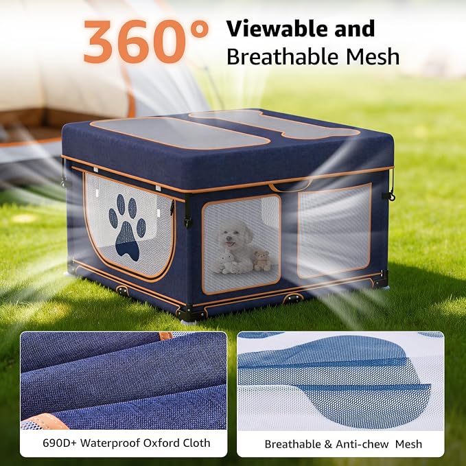 LOOBANI Foldable Dog Playpen Outdoor, 1 Min Setup, 43.3"x43.3"x27.1" | Pet Puppy Playpen Indoor With Cover,Waterproof Bottom & Bag, Portable Dog Fence For Yard, RV Camping,Travel,Blue+Yellow