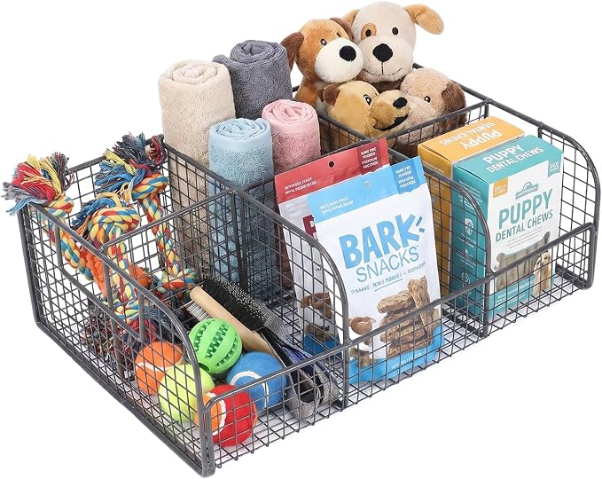 dog toy bin chew proof Large Metal Mesh DOG TOY basket with Compartments and Handle dogs toys bin dog food storage container box Countertop Pet Storage Organizer