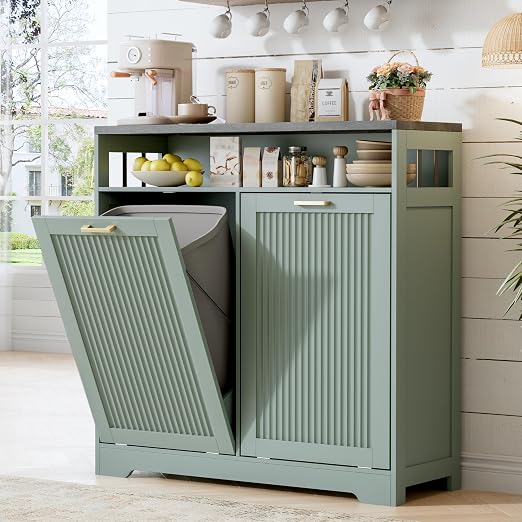 Pet-Proof Double 13 Gallon Tilt Out Trash Can Cabinet with Open Storage – Hide Garbage & Recycling Bins to Keep Your Kitchen Clean and Organized,Green