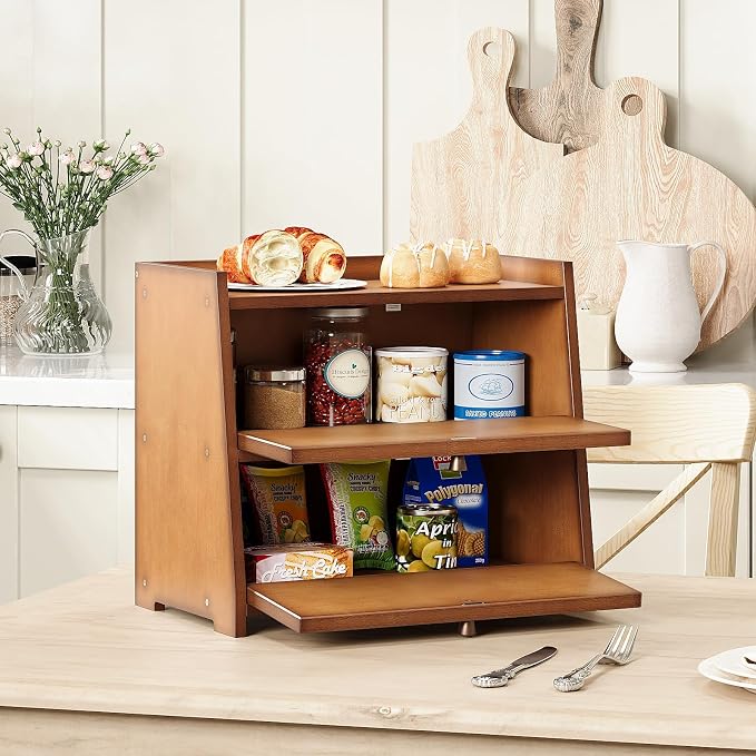 Trironsun Vintage Double Layer Bread Box for Kitchen Counter Bamboo Bread Storage Container Large Capacity Bread Storage Bin