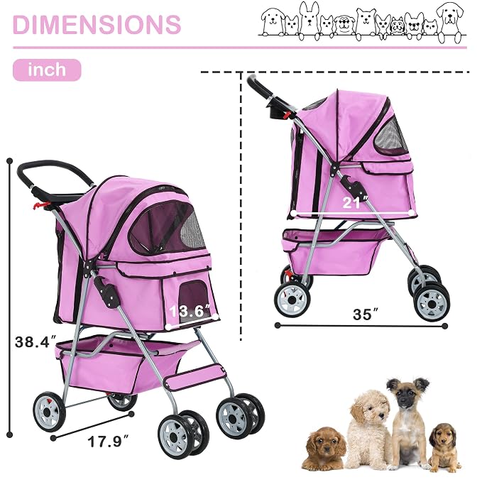 Pet Stroller,4 Wheels Dog Stroller with Storage Basket,Compact Portable Folding Carrier for Travel,Camping,Dog Carrier for Small Medium Dogs Or Cats,Lightweight Waterproof Pet Stroller,Pink