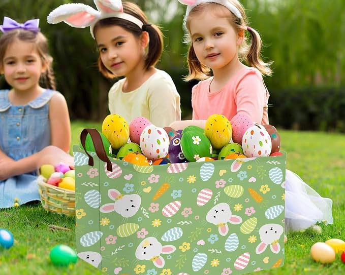 Large Rectangular Easter Baskets Empty Waterproof Boy Toy Box Foldable Kid's Gifts Storage Bin Spring Room Decor(Flower Carrot Rabbit Egg)