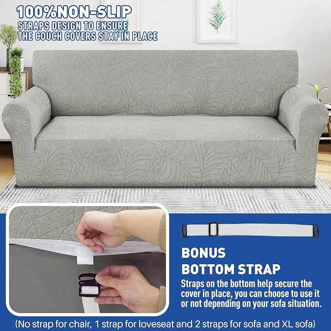 YEMYHOM Couch Cover Latest Jacquard Design High Stretch Sofa Covers for 2 Cushion Couch, Pet Dog Cat Proof Loveseat Slipcover Non Slip Elastic Furniture Protector (Medium, Begonia Leaf Light Grey)