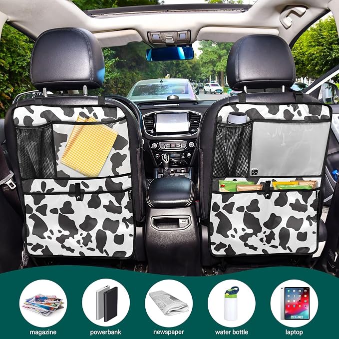 JIPONI Car Backseat Organizer, Cow Print 3 Automotive Back Seat Protector, Kick Mats with Storage Pockets for Kids Pets, Road Trip Accessories