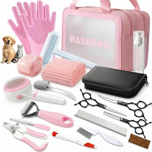 19PCS Dog Bath Kit & Dog Brush Kit - Professional Pet Grooming Tools Set for Dogs & Cats, Includes Shedding Brush, Bath Scrubber & Dematting Combs - Complete Dog Washing Essentials Pink
