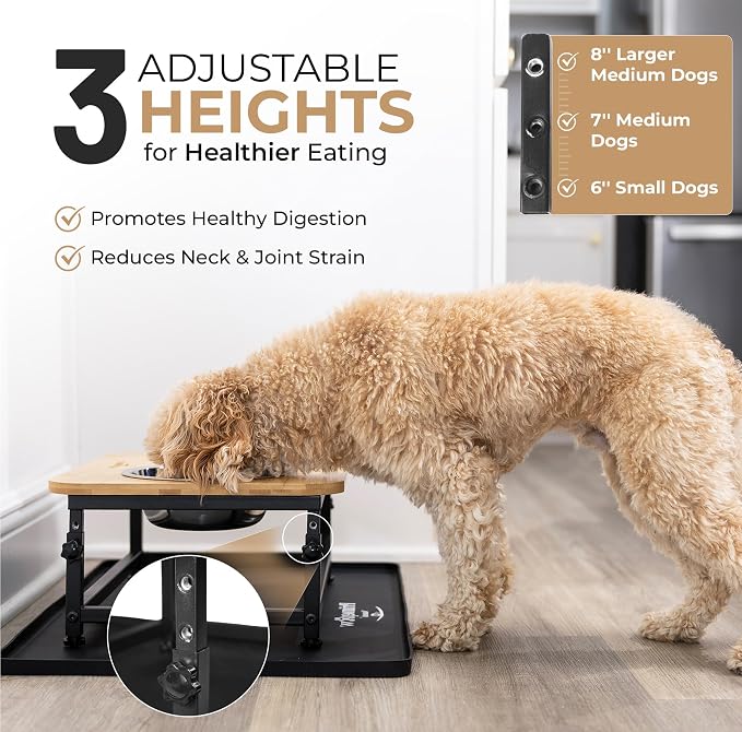 Adjustable Raised Dog Bowls – Elevated Dog Bowl Stand with Bamboo Stand, 2 Stainless Steel Bowls, Slow Feeder Insert & Silicone Mat – Dog Bowls with Stand for Small & Medium Dogs