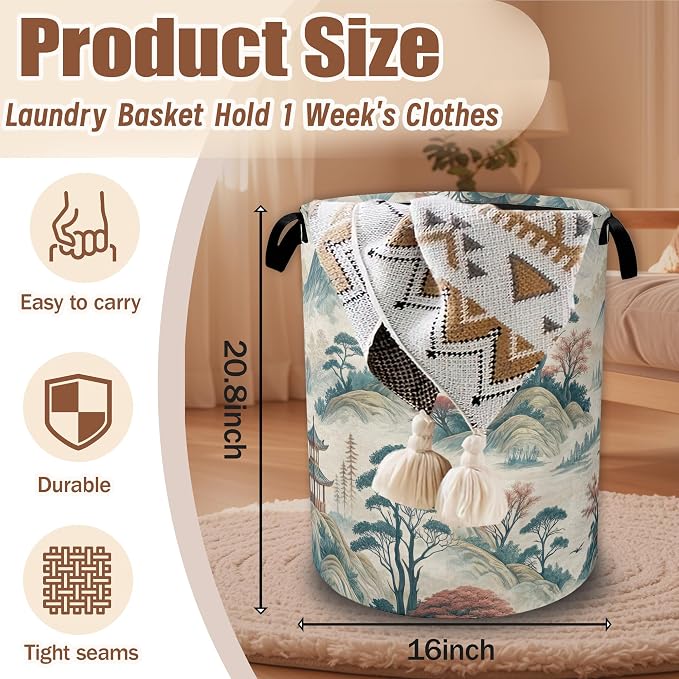 Oriental Mountain Landscape Laundry Basket,Laundry Hamper Waterproof Oxford Cloth Tote Bag,Clothes Storage Bucket Decorative Toy Organizer for Bathroom Bedroom 16" x 20.8"