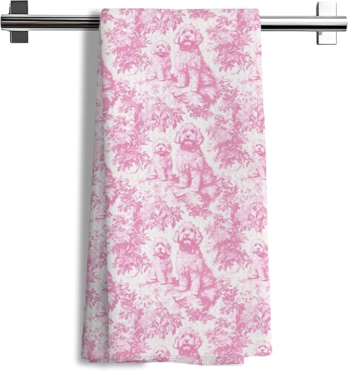 Nipi Pink Chinoiserie Golden Doodle Kitchen Towels, Pink Botanical Grandmillennial Dog Decorative Dish Tea Towels, Golden Doodle Gifts Hand Towels for Kitchen Bathroom Decor, 16x24 Inch