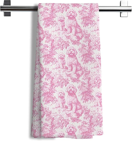 Nipi Pink Chinoiserie Golden Doodle Kitchen Towels, Pink Botanical Grandmillennial Dog Decorative Dish Tea Towels, Golden Doodle Gifts Hand Towels for Kitchen Bathroom Decor, 16x24 Inch