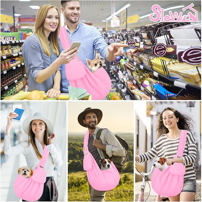 Lukovee Pet Sling, Puppy Small Pet Cat Carrier with Safety Hook | Hands-Free,Padded Strap, Breathable, Adjustable, Storage Pocket, Tote Bag Shoulder Bag with Front Pocket (Pink-WY,L)