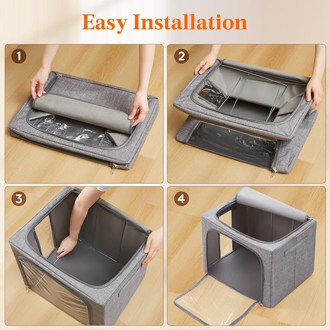 Lifewit Clothes Storage Bins with Metal Frame, Stackable Storage Box, Foldable Clothing Storage Bins with Lids, 75L Storage Bags Fabric Box Organizer with Clear Window＆ Zippers＆ Sturdy Handles 4 Pack