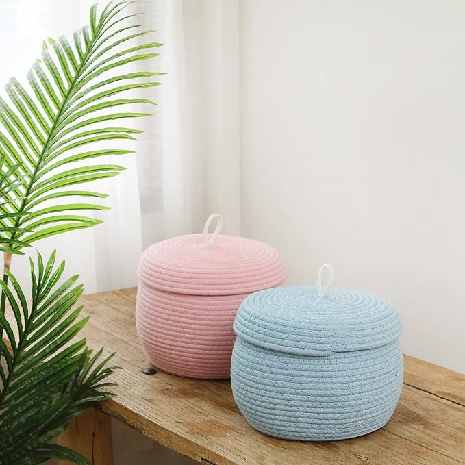 Sea Team Round Woven Cotton Rope Storage Basket with Lid, Blue | Lidded Knitted Decorative Storage Bin, Pot, Caddy, Organizer, Container for Snacks, Towels, Plants, 10 x 7.5 Inches