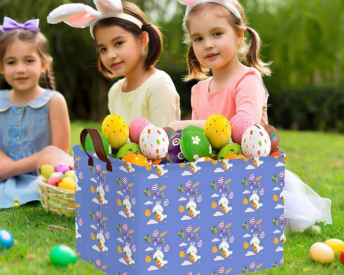 Large Rectangular Easter Baskets Empty Waterproof Boy Toy Box Foldable Kid's Gifts Storage Bin Spring Room Decor(Blue Rabbit Holding Carrot Egg)