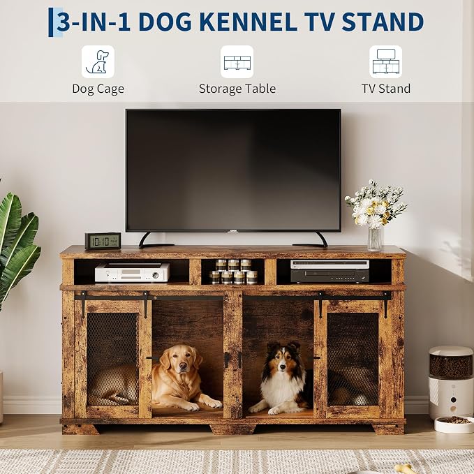 71'' Dog Crate Furniture for 2 Dogs, Extra Large Double Dog Kennel Indoor with Removable Divider and Storage Drawers, Wooden Dog Crate TV Stand for Large Medium Dogs