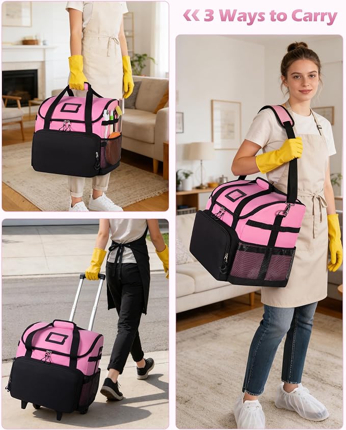 Marscamd Large Rolling Cleaning Caddy Bag with Detachable Trolley, Pink | with Detachable Shoulder Strap, Cleaning Bags for Housekeepers on Wheels