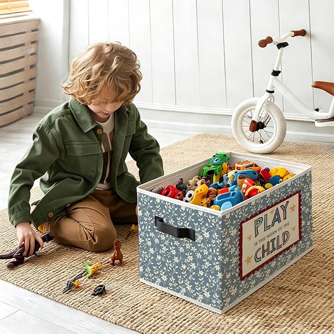Boho Blue Floral Kids Foldable Storage Bins Box with Handles | Play Is the Work of the Child Decorative Storage Boxes Baskets Organizer for Kids Room Nursery Bedroom Bathroom