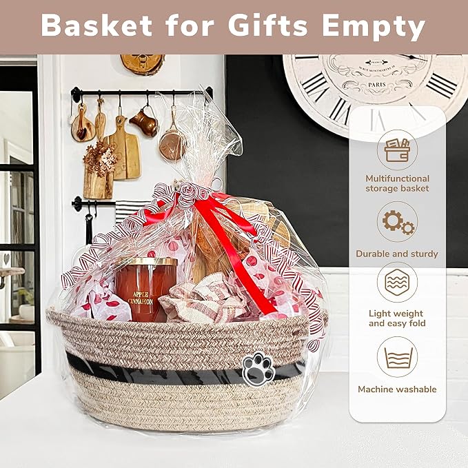 Woven Rope Dog Toy Basket with Paw Print, Brown Mix | 12"x 8" x 5" Small Dog Toy Bin & Box with Handles, Fits Living Room Bedroom Nursery Organization, Gift Basket Empty for Pets