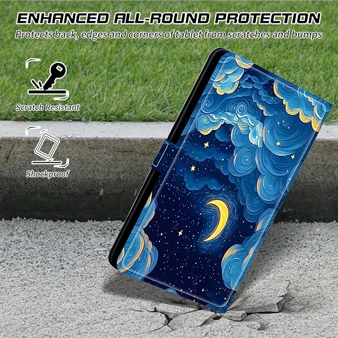 Universal Tablet Case for T-Mobile Revvl Tab 2 10.1" 2025/Revvl Tab 5G 10.36" 2023, 360 Degree Rotating Kickstand Protective Stand PU Leather Shell Cover for 9"-10.5", Moon Blue Clouds