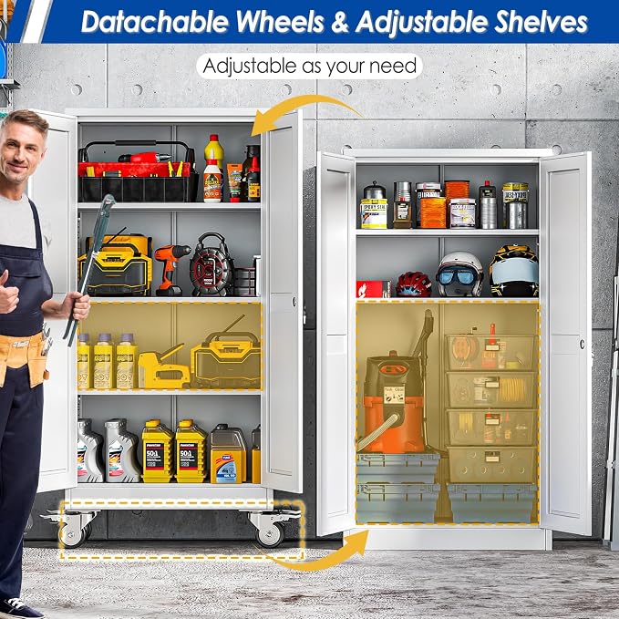 GAIOUS Metal Garage Storage Cabinet with Lock, 61” Tall Lockable File Cabinet with Wheels, Steel Tool Cabinet with 2 Door and 3 Adjustable Shelves, Rolling Cabinet for Home Office Garage Gym - White